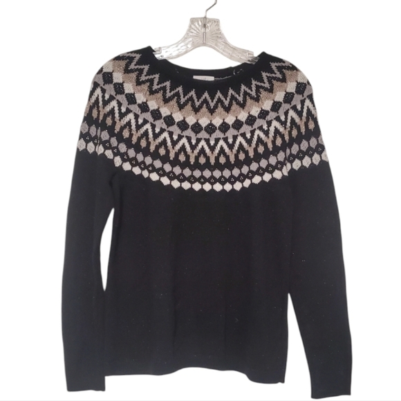 J. Jill Black Faire Isle Nordic Knit Sweater with Metallic Shimmer Size … - Picture 1 of 5
